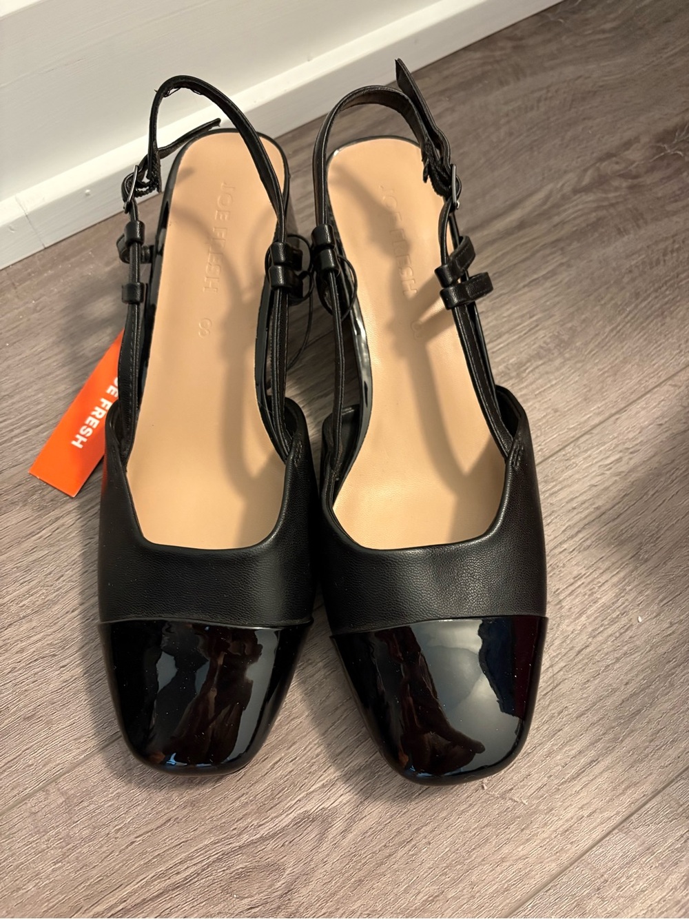 Joe Fresh Black Slingback Square-Toe Flats with Glossy Cap